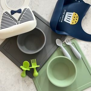 EZPZ bowls, (2) silicone bibs, grabese and EZPZ fork/spoon for self feeding